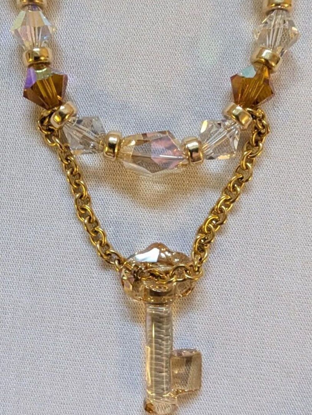 Vintage Style Gold Tone Chain Necklace with Clear and Amber Crystal Beads and a